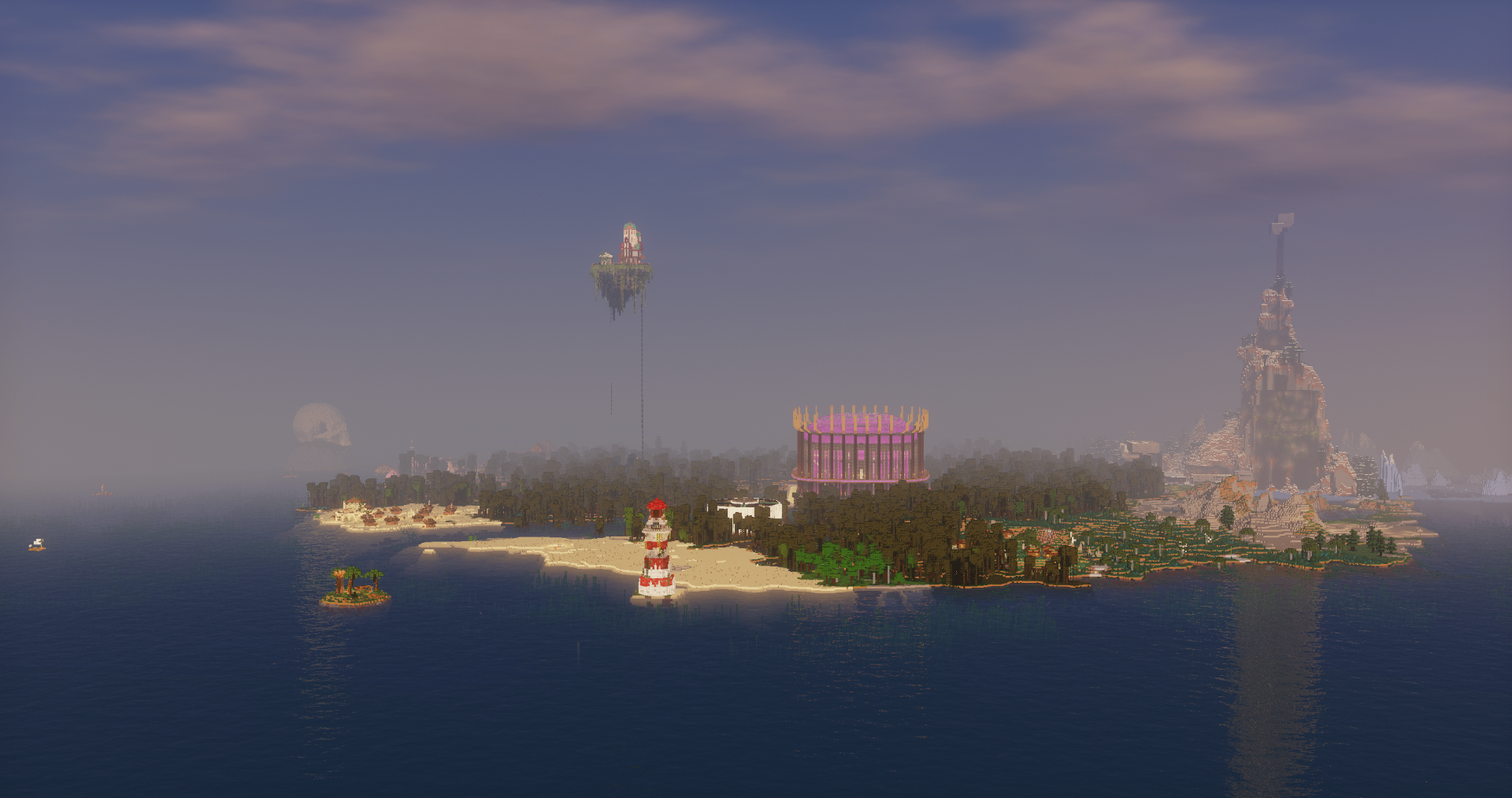 Alpha Legends spawn skyline with lighthouse, floating tower, pink temple, and statue rock formation